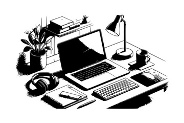 Naklejka premium Office desk arrangement displays a laptop, mechanical keyboard, headphones, notepad, and desk lamp.