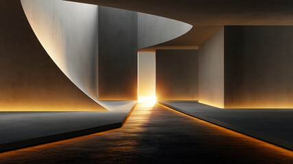Fototapeta premium Minimalist architectural interior with curved wall, central corridor, warm glow, geometric form, and reflective floor in serene photorealistic light