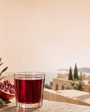 Frischer Granatapfelsaft auf sonniger mediterraner Terrasse am Meer