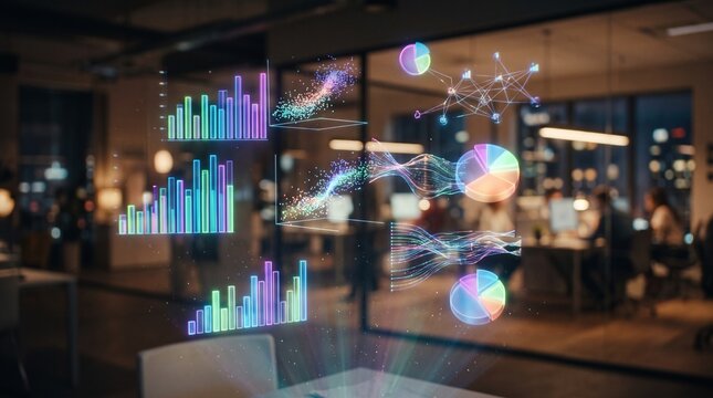 Futuristic Holographic Data Analytics Charts In Modern Office