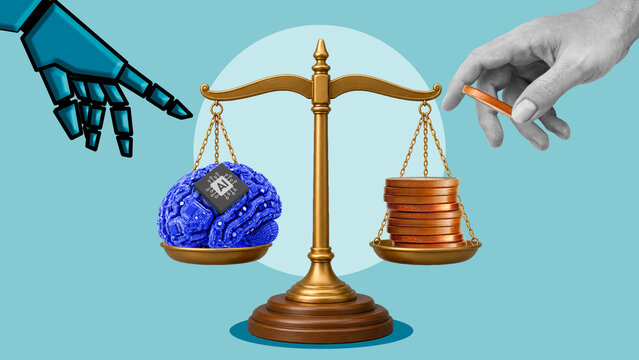 Artificial Intelligence Cost Benefit Analysis Comparing AI Capabilities and Financial Investment with Justice Scale Human Decision and Automation Economics Business Technology Concept