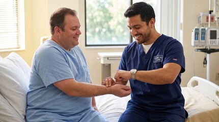 Fototapeta premium Doctor checks the pulse of a male patient sitting on a hospital bed to monitor his vital signs during a routine consultation.