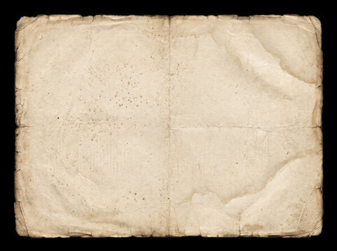 Aged vintage paper sheet with texture and fold creases on black background parchment background material distressed document stationery textured yellowed horizontal
