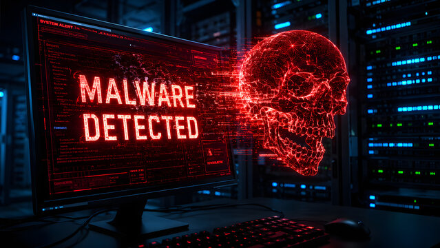 Computer monitor displaying malware detected alert message with glowing red holographic skull emerging in dark data center server room.