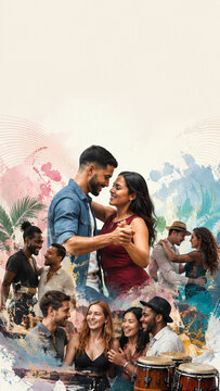 Pastel collage of dancing couples and conga players