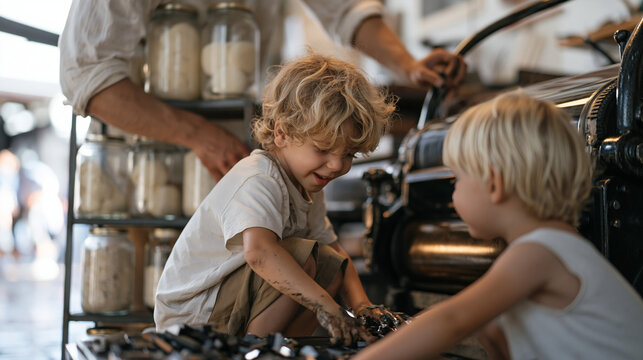 A child crouches on rain-slicked cobblestones peering up at a letterpress printer's ink-stained hands setting moveable type, fermented dairy cultures visible in glass jars on a