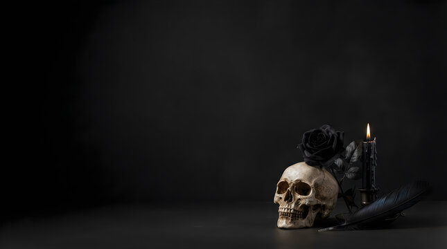 Gothic memento mori still life with human skull and black rose, dark macabre aesthetic with burning candle, moody occult background with copy space for halloween 4k