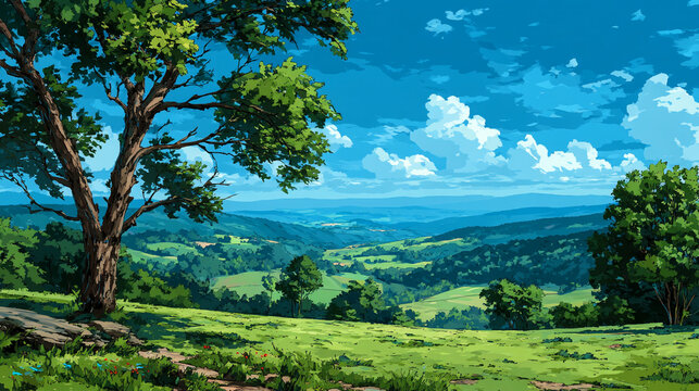 Majestic landscape with large ancient tree overlooking green rolling hills and blue sky
