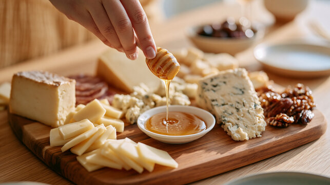 A food blogger's close up hands drizzle honey over a styled cheese board in a candlelit luxury dining room, deliberate measured movements reflecting the fatigue management