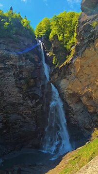 Reichenbach Falls In Switzerland During Spring Season Featuring Powerful Waterfalls, Mountain Scenery, Forest Views, Stunning Alpine Landscape. Natural Beauty, Fresh Green Nature, Famous Destination