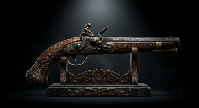 An antique pistol decorated with beautiful patterns unique to vintage firearms from the past
