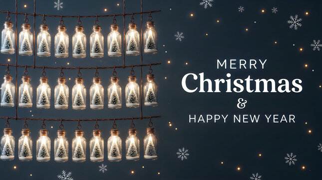 Merry christmas and happy new year greeting card design with small glowing tree bottles