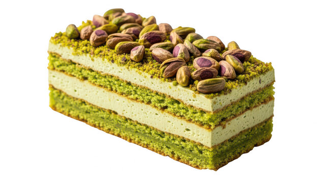 Delicious layered pistachio dessert cake slice isolated with pistachio