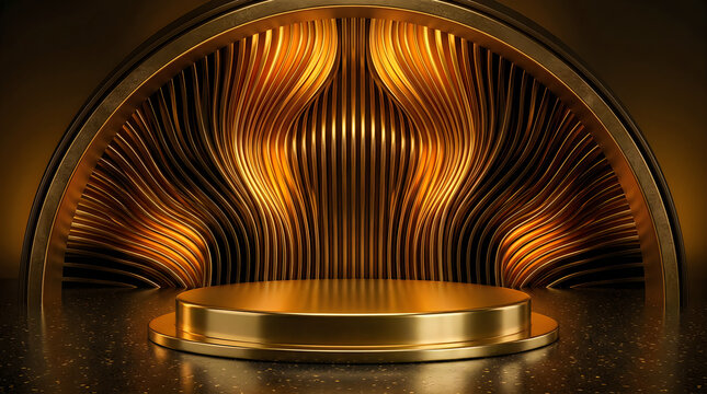 Luxury gold round display podium with elegant curved background for product presentation