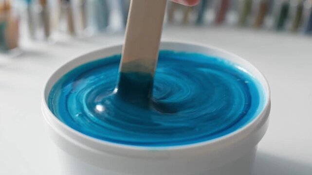 Close up of wooden spatula stirring thick vibrant blue cosmetic cream in white bowl
