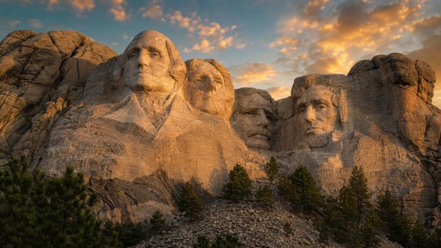 Mount Rushmore sunset monument showcasing presidential stone sculptures carved into a rocky mountain cliff with cloudy sky.