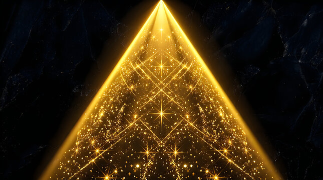 Golden glowing triangle shape with sparkling light particles on a dark black background