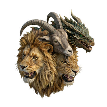 Isolated chimeric creature head with lion, goat, and dragon, mythical chimera beast, fantasy folklore, fierce predator animal hybrid