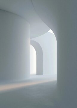 Empty room with white walls and floor. the room has a modern and minimalist design, with a curved ceiling that extends from the center of the room to the right.