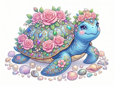 Cute blue turtle decorated with pink roses. Adorable sea creature with floral shell art.
