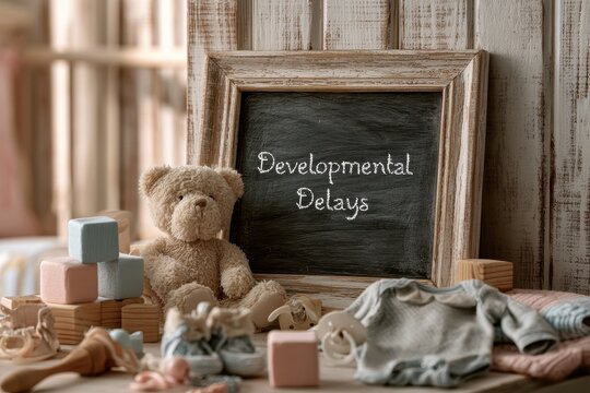 Softly Lit Nursery Scene with Chalk Title Developmental Delays and Baby Toys Surrounding a Blackboard