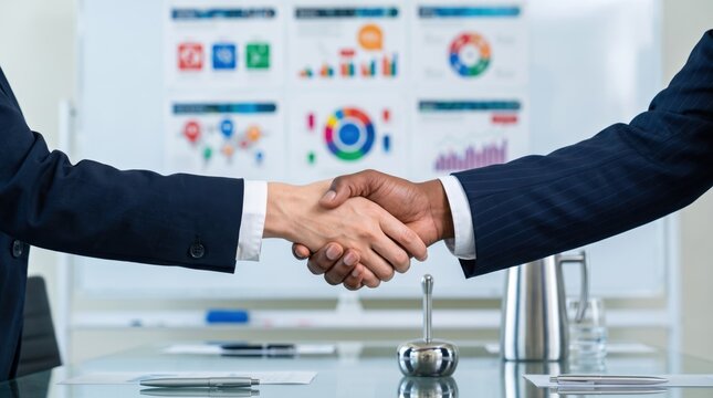 Two business partners shaking hands to seal a deal agreement in front of whiteboard with colorful charts and graphs, symbolizing successful negotiation partnership and corporate