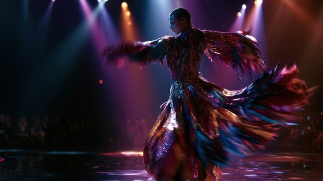 Solo circus performer in a luminous feathered costume on a dramatic stage under colorful lighting