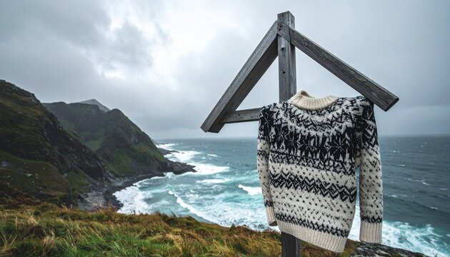 Traditional Norwegian sweater hanging outdoors on a wooden cross overlooking a dramatic coastal ocean view with rough waves and green cliffs in Norway