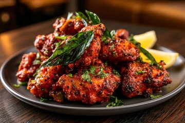 Fototapeta premium Spicy Indian fried chicken bites with curry leaves and cilantro
