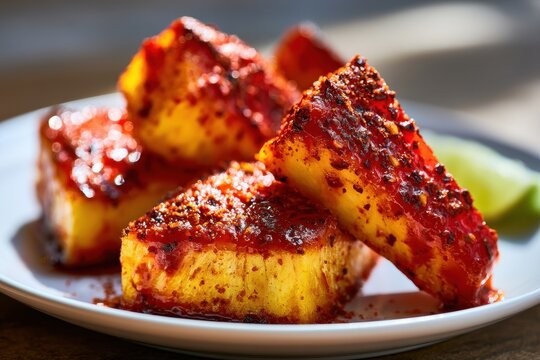 Spicy sweet pineapple snack: chamoy-coated fruit with chili powder