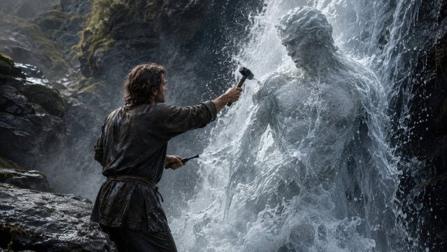 A man working on a waterfall sculpture holding a hammer and chisel outdoors.