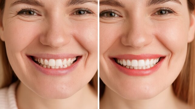 Split-screen close-up portrait of a woman's smile showing pre- and post-braces alignment