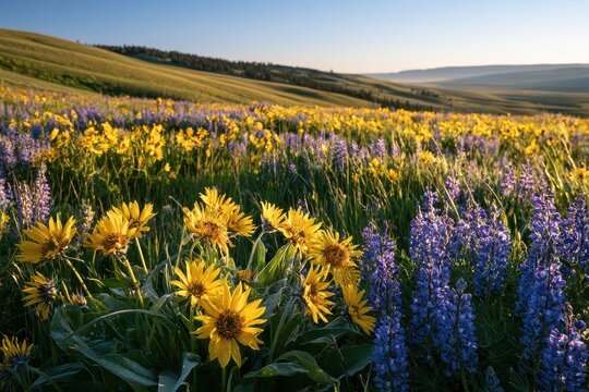 Spring hillside blanketed with balsamroot and lupine in vibrant color