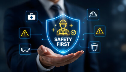 Fototapeta premium Businessman holding a glowing safety first shield interface with occupational health icons. Industrial protection and compliance vector illustration. Ideal for corporate risk management.