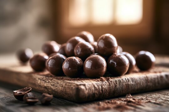 Stacked and scattered chocolate malt balls with cocoa dust in a cozy dessert setting
