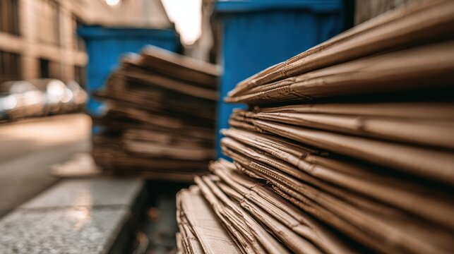 Stacks of flattened cardboard ready for processing beside a blue recycling bin
