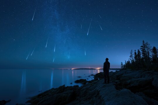 Starry night over rugged coast with multiple shooting stars streaking across the sky