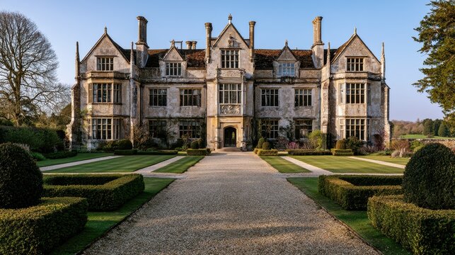 Stately English country estate with mullioned windows and manicured grounds in spring light