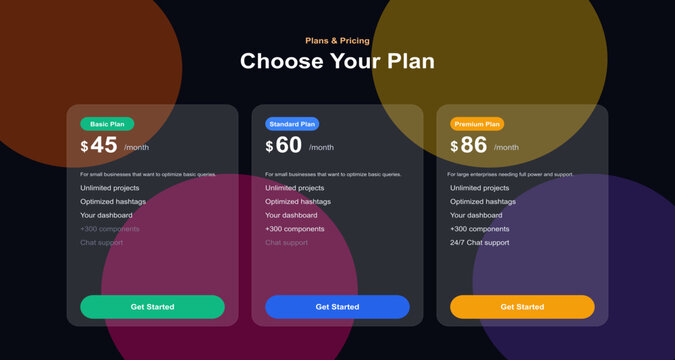 Modern Pricing Table UI Design. Choose Your Plan Subscription Layout. Three-Tier Cost Comparison Cards. Dark Background Colorful Circles. SaaS Web Template.