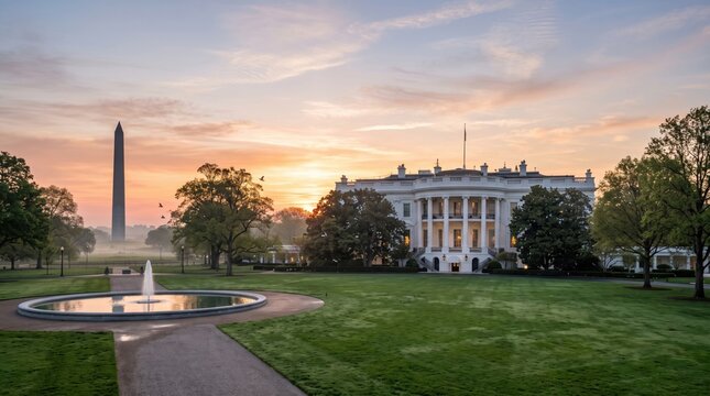 White House fountain and lawn with a distant monument viewed during a colorful sunrise.