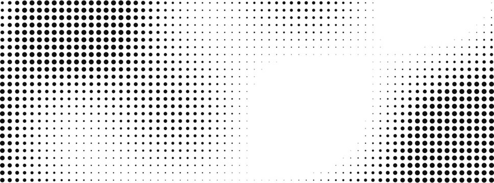 Halftone dots vector patterns. Half tone shading grids. Pop art dot texture overlay. Monochrome gradient cell dots. Abstract geometric design elements.