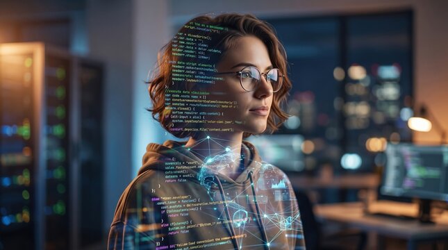 A young woman programmer looking at code inside a server room with digital graphics overlay.