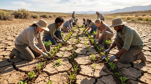 Volunteers planting green sprouts in dry cracked earth outdoors during daytime.