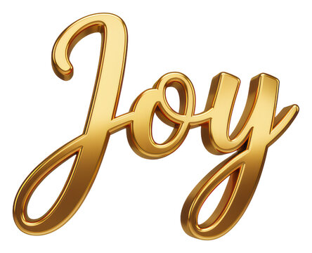 A 3d typographic sculpture of the word joy in polished golden cursive script on a minimalist white background with soft studio lighting concept of pure happiness