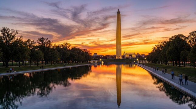Washington monument reflection at sunset viewed across the long reflecting pool with colorful sky.