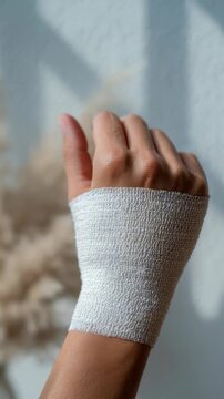 A person&rsquo;s hand is covered with a medical bandage, suggesting healing or support for a wrist injury. Soft daylight and a neutral background create a soothing, hopeful atmosphere
