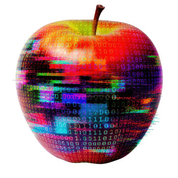 Isolated red apple with binary code digital glitch effect, cybersecurity and data technology