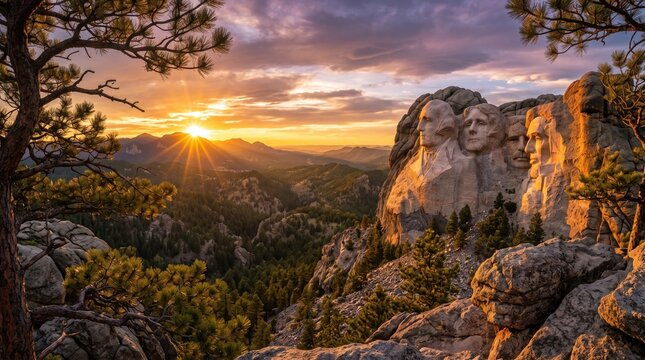Mount rushmore glows at sunrise over a vast landscape with rugged mountains and a historic monument.