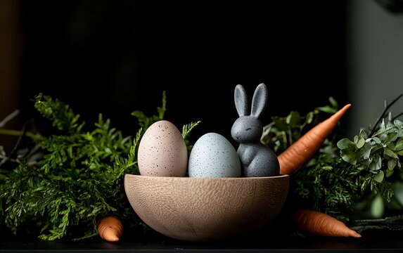Easter eggs and bunny in wooden bowl