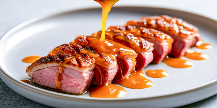 Sliced French magret de canard duck breast with glossy orange sauce on plate